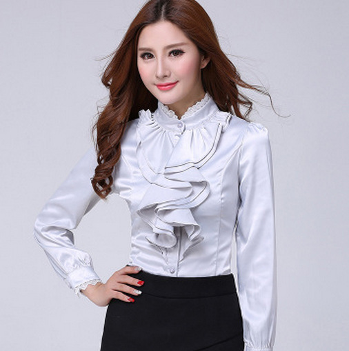 Spring new women's long sleeve shirt professional temperament warm slim slim Queen White collar lace chiffon