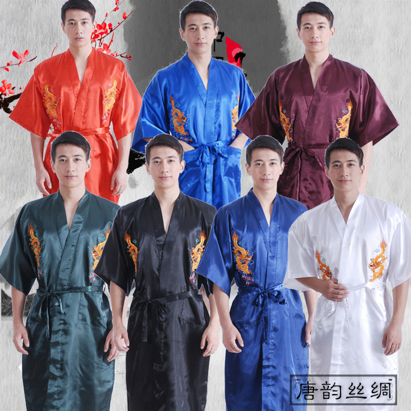 Chinese-style Silk Dragon Embroidered Comfortable Vintage Long Men's Tang Suit Pajamas Nightgown Dragon Robe Embroidered Xiaolong Bathrobe