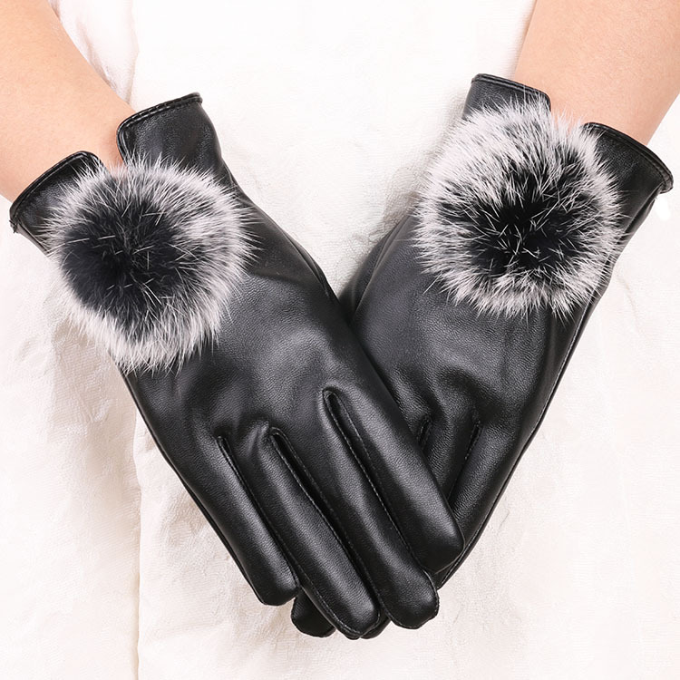 New autumn and winter warm gloves plus velvet for cold protection women's PU leather gloves rabbit fur ball playing mobile phone touch screen gloves