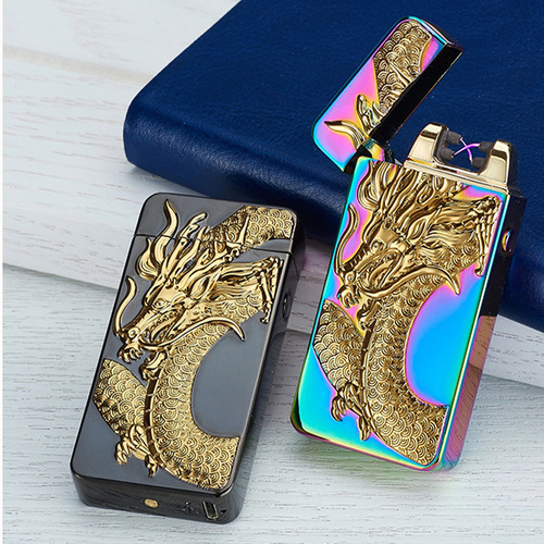 Lighter usb charging ignition metal embossed creative cigarette lighter windproof double arc electronic lighter gift