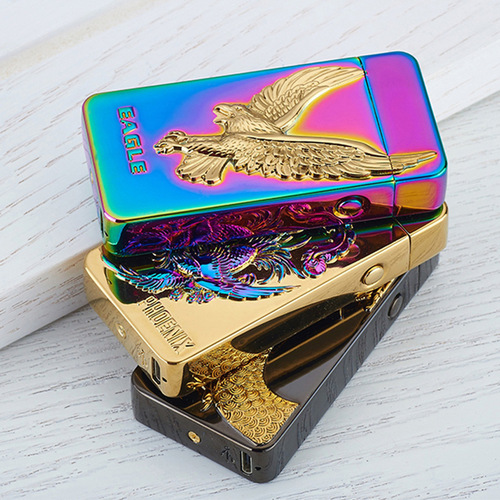 Lighter usb charging ignition metal embossed creative cigarette lighter windproof double arc electronic lighter gift