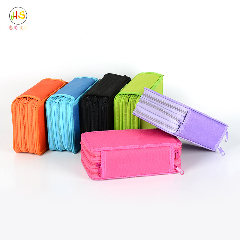 跨境多功能三层文具盒 方形纯色大容量笔袋创意学生文具厂家现货