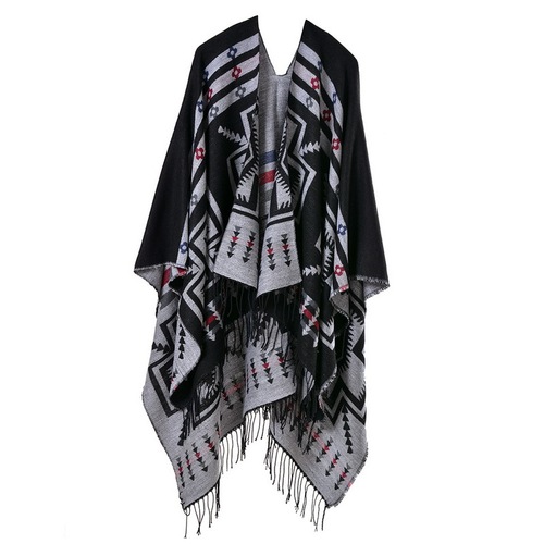 European and American popular cross plum blossom tassel lengthened and thickened imitation cashmere ethnic style travel slit shawl scarf