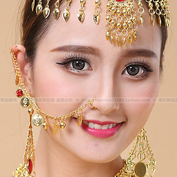 Accesorios de Danza al por Mayor, Accesorios de Danza India, Clip Nasal para Danza del Vientre, Anillo Nasal, Cadena Nasal Étnica con Piedras Preciosas, Tocado