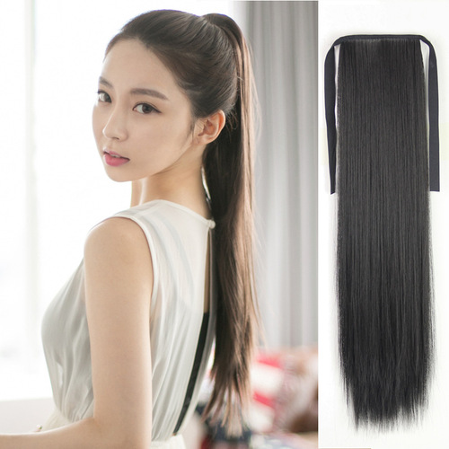 Wig long straight hair ponytail ladies strapped fake ponytail medium length short straight hair ponytail high temperature silk wig piece