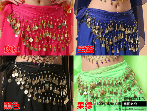 Dance wear belly dance waist chain belt new 128 coins chiffon yoga Indian dance practice waist chain accessories
