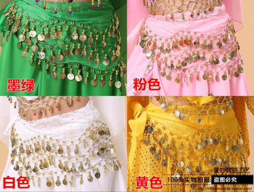 Dance wear belly dance waist chain belt new 128 coins chiffon yoga Indian dance practice waist chain accessories