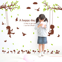 新款墙贴厂家批发荡秋千的男孩女孩卡通儿童房可移除墙贴SK9078