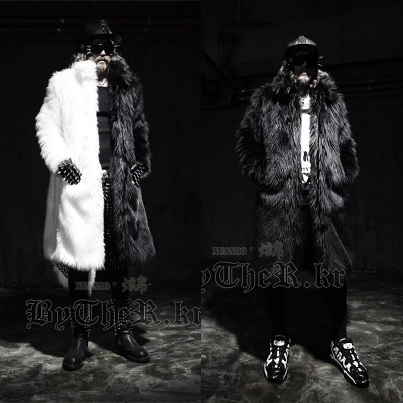2025 New Winter Men's Imitation Fur Long Windbreaker Men's Trendyy Fur Black and White Color Matching Jacket Coat
