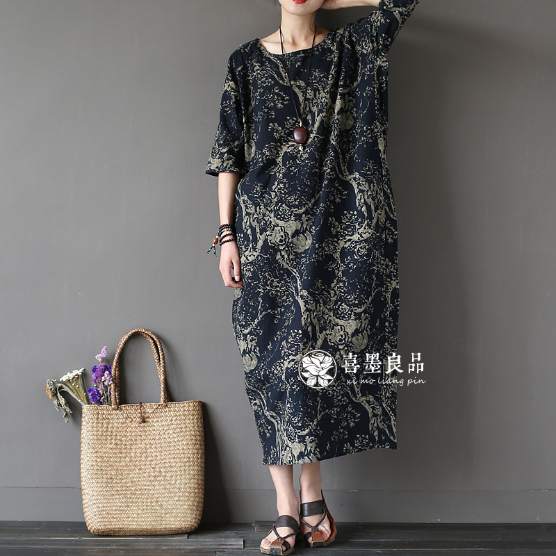 083 Xi Mo Original Summer Vintage Old Wash Robe Cotton Linen Printed Loose Large Size Women's Dress