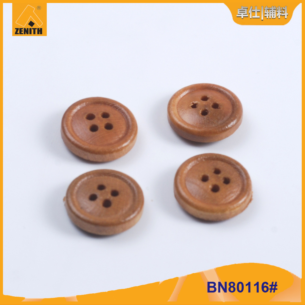厂家供应15mm圆形细边圆边中间凸起喷漆4眼BN80116#天然木头纽扣