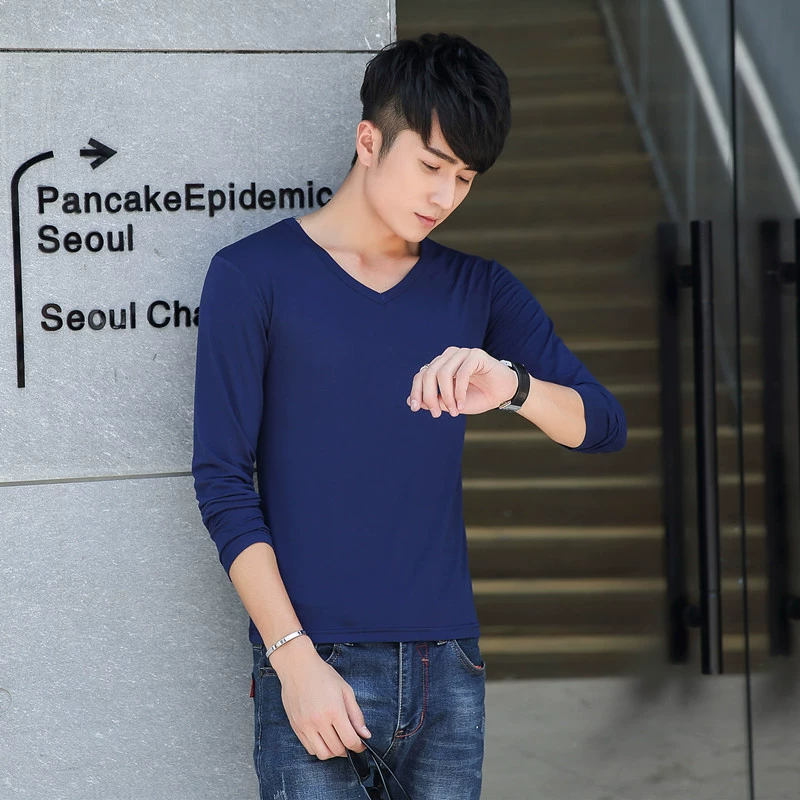 Прямая поставка с фабрики, новое весенне-осеннее платье, Корейская версия мужской нижней рубашки с V-образным вырезом, трендовая Мужская футболка с длинным рукавом Ebay