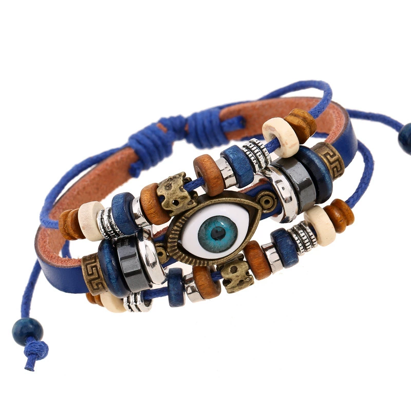 Leather Bracelet (Ponton) — Beaded Cowhide Multi-Layer Bracelet with Eye Charm, Adjustable