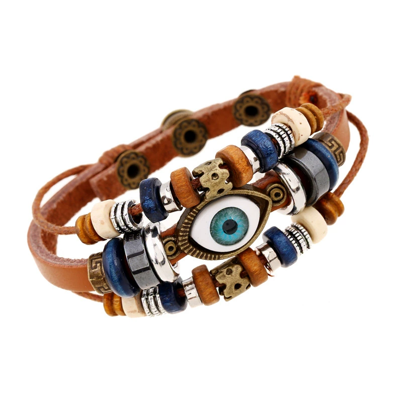 Leather Bracelet (Ponton) — Beaded Cowhide Multi-Layer Bracelet with Eye Charm, Adjustable