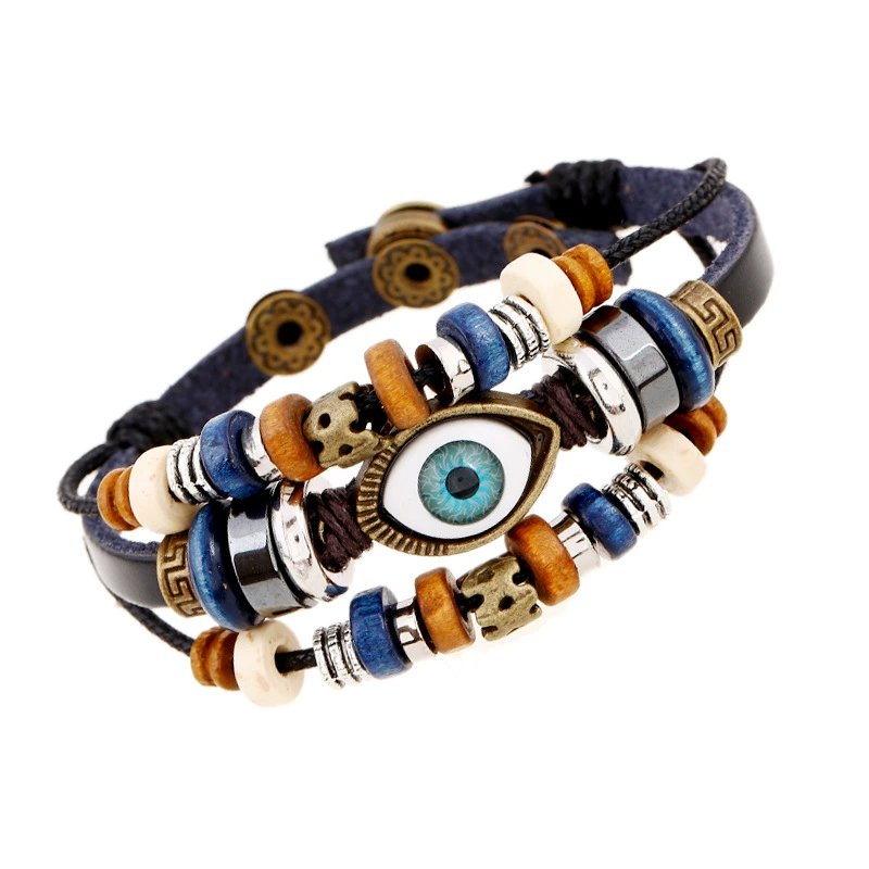 Leather Bracelet (Ponton) — Beaded Cowhide Multi-Layer Bracelet with Eye Charm, Adjustable