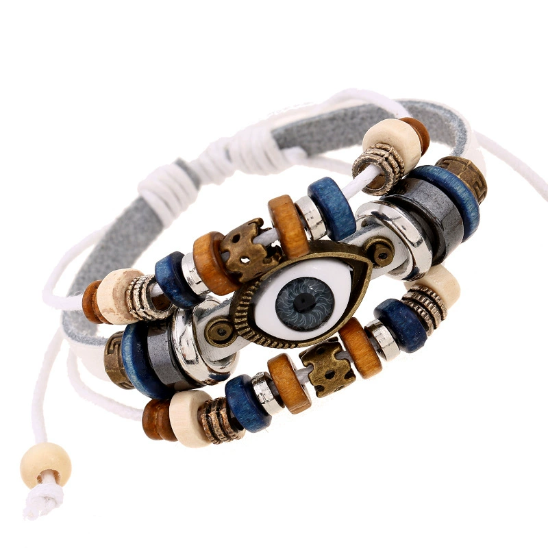 Leather Bracelet (Ponton) — Beaded Cowhide Multi-Layer Bracelet with Eye Charm, Adjustable