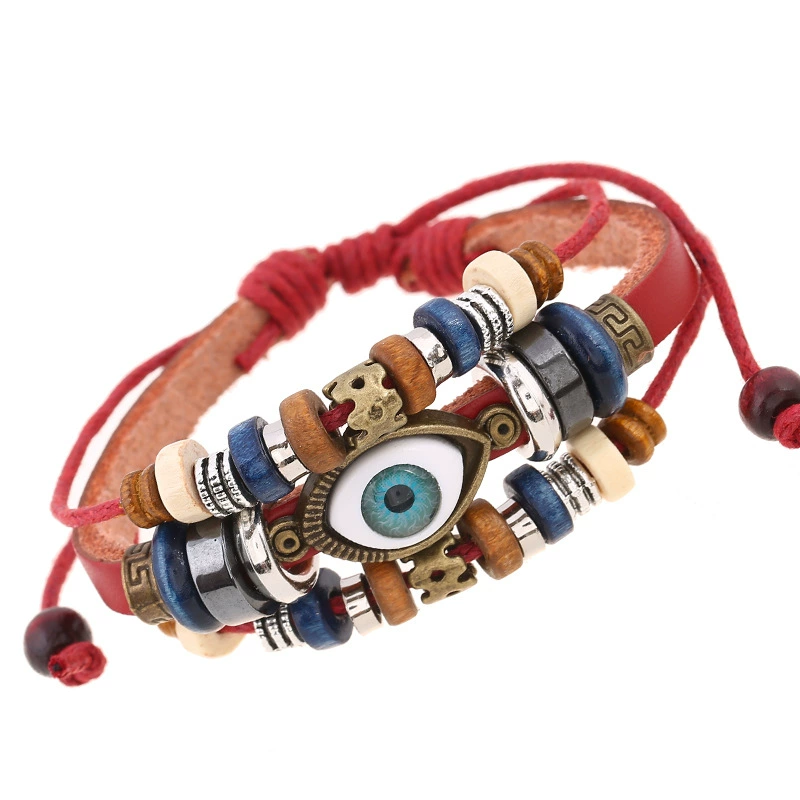 Leather Bracelet (Ponton) — Beaded Cowhide Multi-Layer Bracelet with Eye Charm, Adjustable