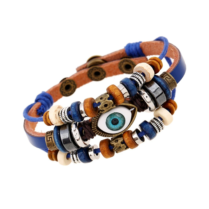 Leather Bracelet (Ponton) — Beaded Cowhide Multi-Layer Bracelet with Eye Charm, Adjustable