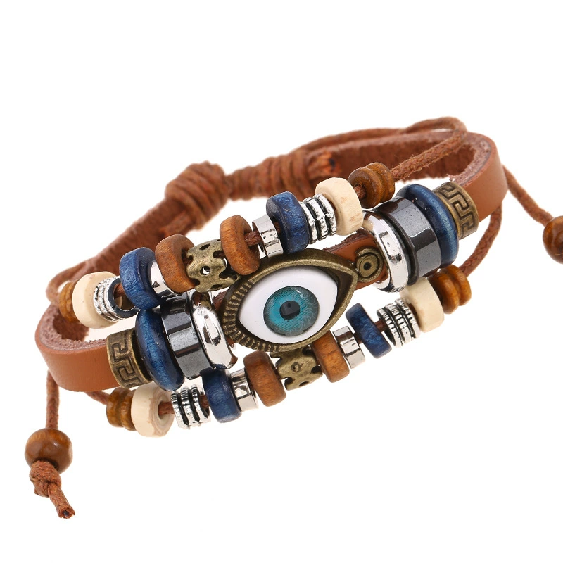 Leather Bracelet (Ponton) — Beaded Cowhide Multi-Layer Bracelet with Eye Charm, Adjustable