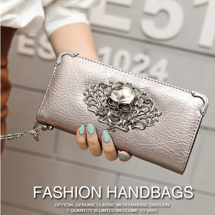 2024 nuevo cráneo de la moda personalizada larga cartera las mujeres punk hombres embrague bolso del teléfono móvil
