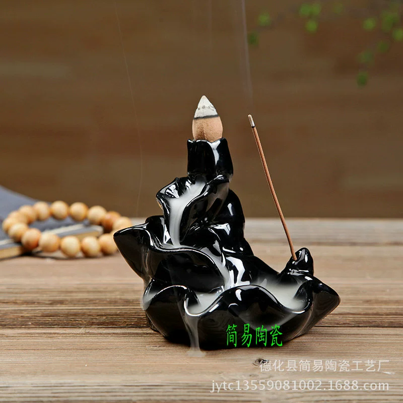 Ceramic Backflow Incense Burner, Lotus Inverted Design, Decorative Buddha Incense Holder