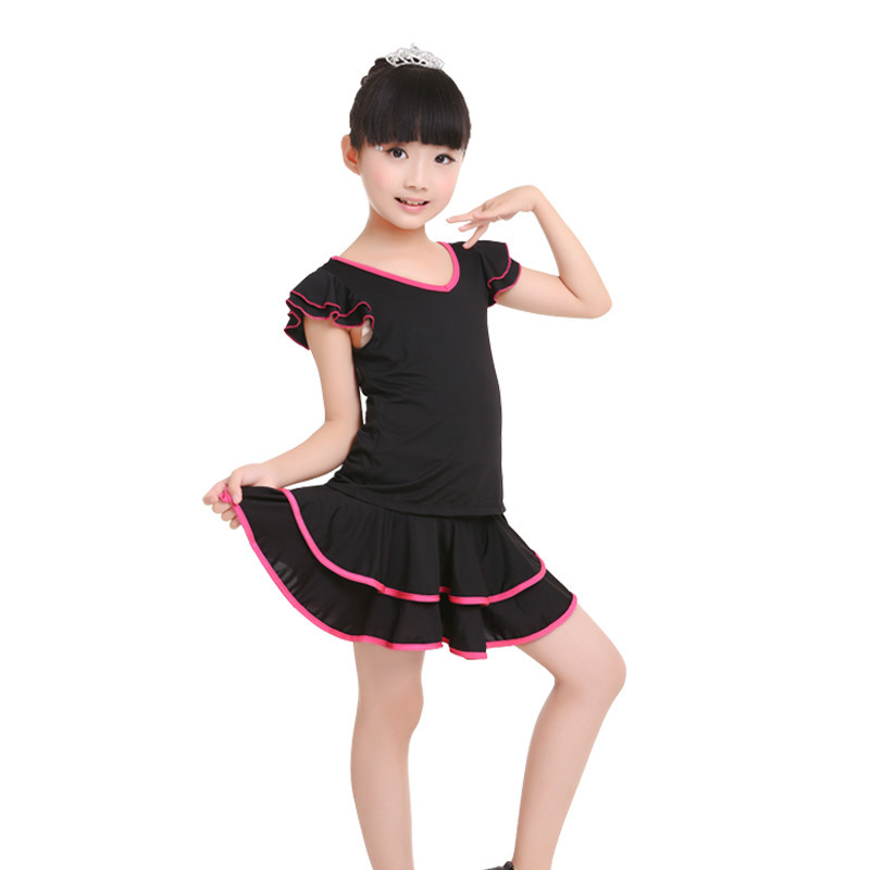 En stock de los niños traje de manga corta Doble cuello en V falda Latina delgada los niños ropa práctica de la danza
