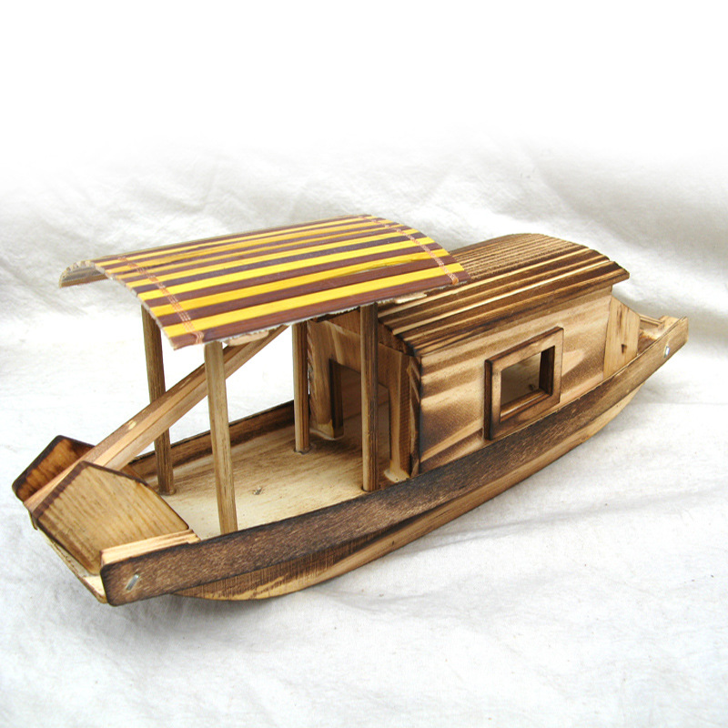 65750木质打鱼小渔船模型 家居摆件儿童玩具乌篷船木制带篷小木船