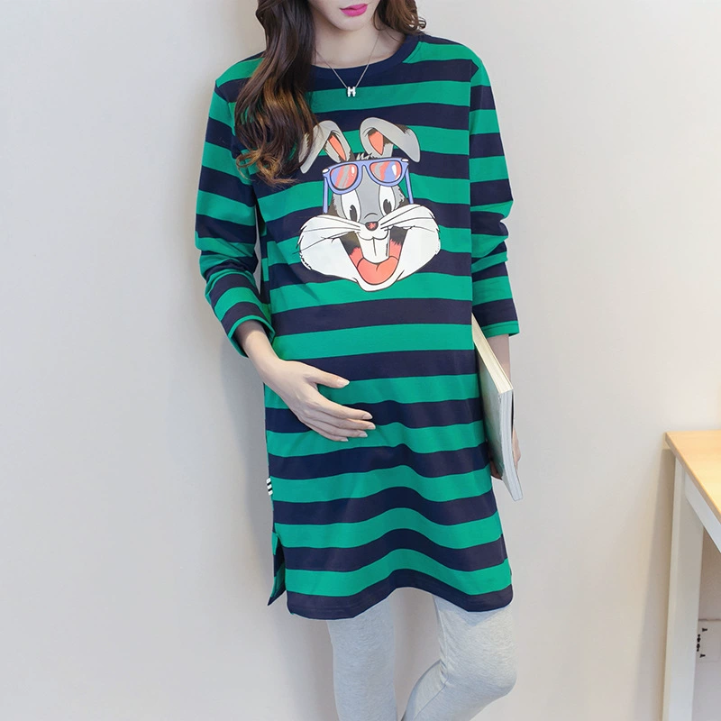 Осенне-зимнее платье для беременных, платье для беременных в Корейском стиле, свободная футболка в полоску, платье с длинным рукавом, топ средней длины