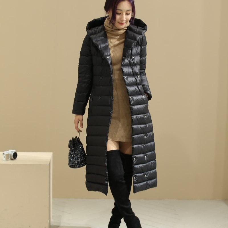 Cross-Border Autumn and Winter New Belt Long down Jacket for Women over the Knee Fat mm Large Size Liner Lightweight Slim Jacket Trendy