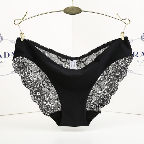 Cross-border ice silk seamless panties for women, pure lust style, large size sexy lace women's low-waist antibacterial briefs for women