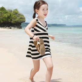 韩国夏季沙滩裙度假背心宝宝露背裙女童条纹连衣裙亲子装一件代发