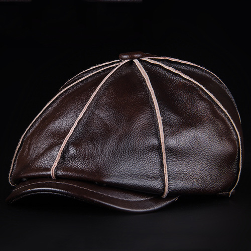 Factory direct selling beret men's Haining genuine leather first layer cowhide outdoor winter warm octagonal hat origin source
