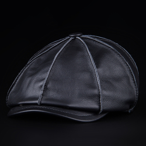 Factory direct selling beret men's Haining genuine leather first layer cowhide outdoor winter warm octagonal hat origin source