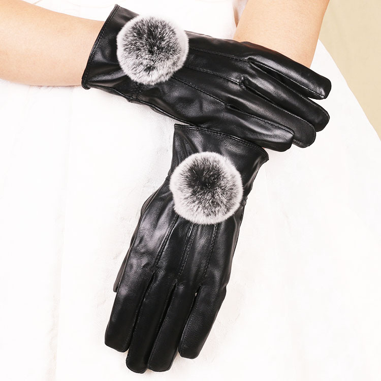 Nuevo otoño y el invierno de las mujeres de piel de oveja guantes forrados de lana caliente patchwork Rex conejo Bola de piel de conducción guantes de cuero