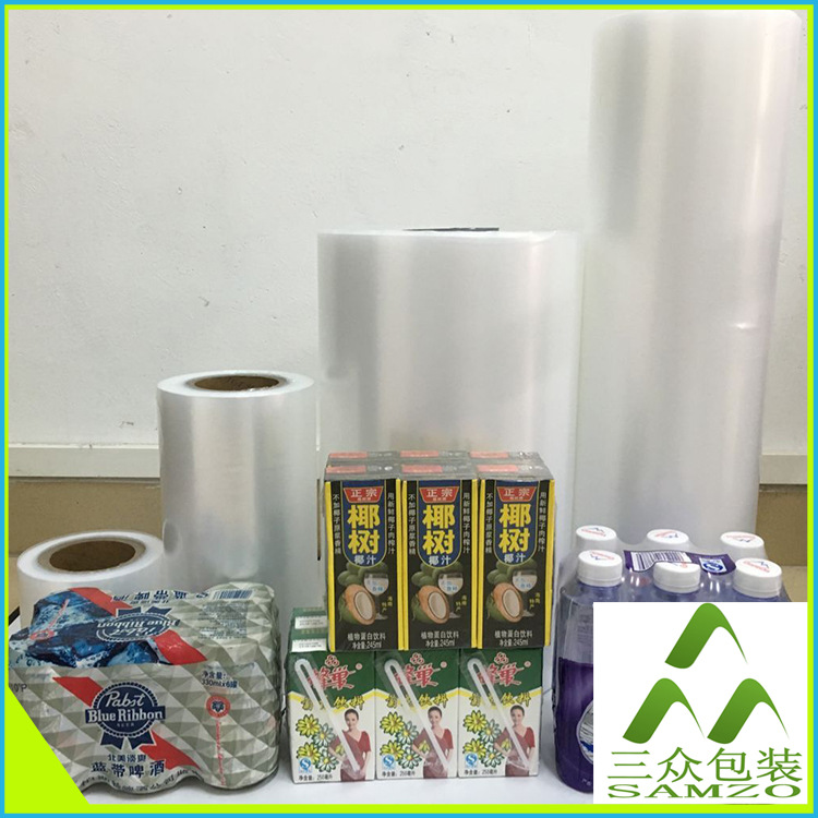 Película termorretráctil al por mayor, botella de bebida, botella de agua mineral, PE, película termorretráctil transparente incolora, paquete de boca de botella de leche de soja, película termorretráctil