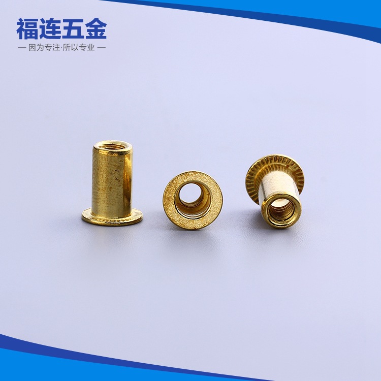 供应纯黄铜平头圆柱铆螺母 薄板连接金属螺母紧固件 现货批发