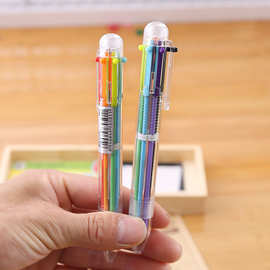 韩国创意按动多色圆珠笔透明彩色笔6色签字笔 学生文具奖品批发