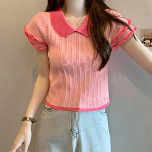 Sweet polo Collar Shoulder Short-sleeved T-shirt Women's Summer Design Sense Niche Spice Girls Short Chic Top Knitted Shirt