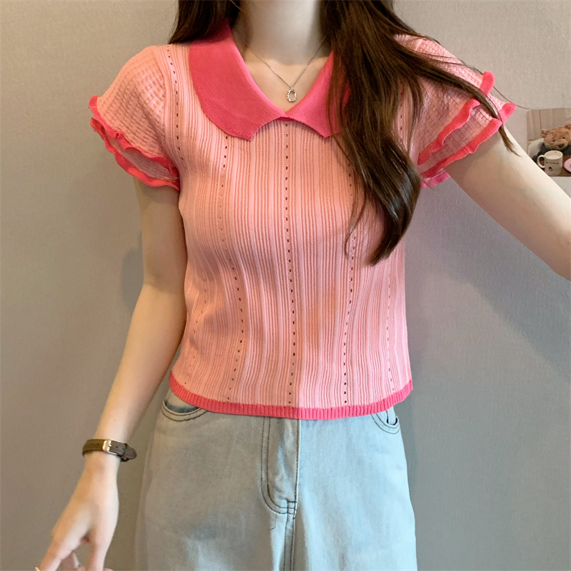 Sweet polo Collar Shoulder Short-sleeved T-shirt Women's Summer Design Sense Niche Spice Girls Short Chic Top Knitted Shirt Sweet polo Collar Shoulder Short-sleeved T-shirt Women's Summer Design Sense Niche Spice Girls Short Chic Top Knitted Shirt