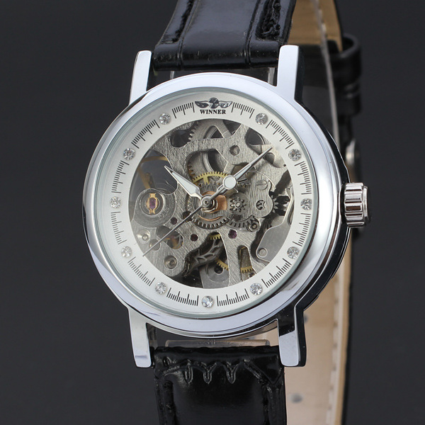 Hollow-out winner men's and women's business rhinestone mechanical watch three-pin automatic mechanical belt watch 113