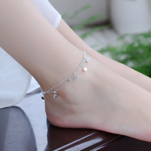 New silver bracelet, women's geometric double-layer brushed small square copper silver-plated low-price anklet, silver jewelry wholesale in Europe and America