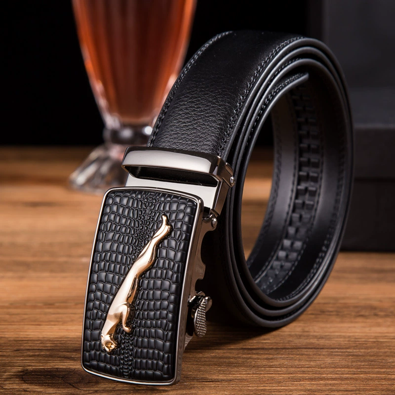 Men’s genuine leather ratchet belt, two‑layer cowhide, adjustable 110–125 cm