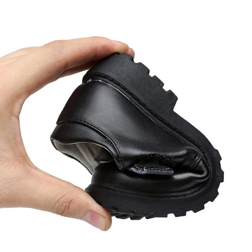 Children's leather shoes for boys, black and white with Velcro straps, school casual etiquette performance round leather shoes