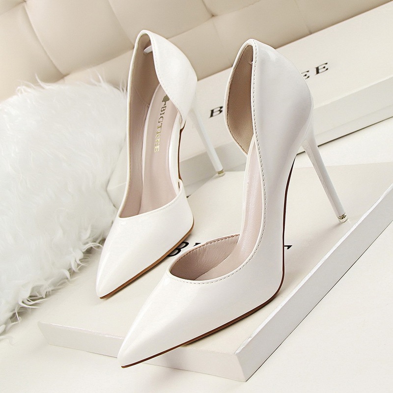 638-5 Korean Style LAZADA Stiletto Heel High Heel Patent Leather Shallow Mouth Pointed Hollow Sexy Slim High Heels Shoes Women