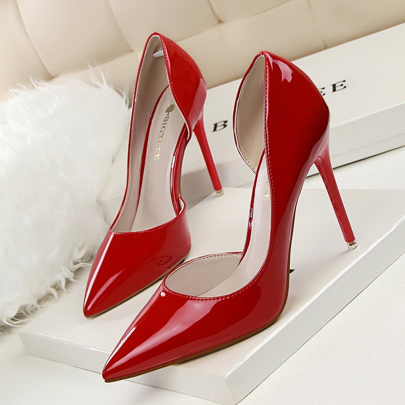 638-5 Korean Style Fashionable Simple Stiletto High-Heeled Patent Leather Shallow Pointed Toe Hollow-Out Sexy Slimming High-Heeled Shoes