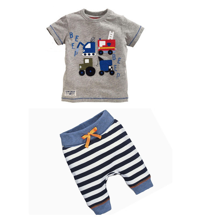 一件代发夏季男童套装卡通车短袖T恤+条纹裤两件套中小童休闲衣服