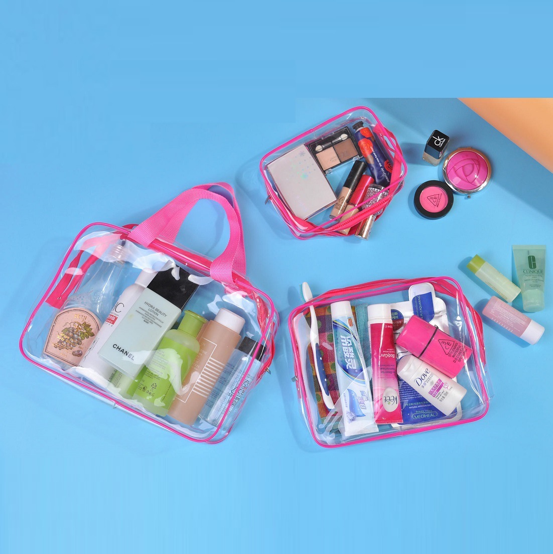Bolsa de cosméticos de pvc impermeable, bolsa de almacenamiento multifuncional, transparente y ecológica de tres piezas, almacenamiento femenino, lavado y portátil