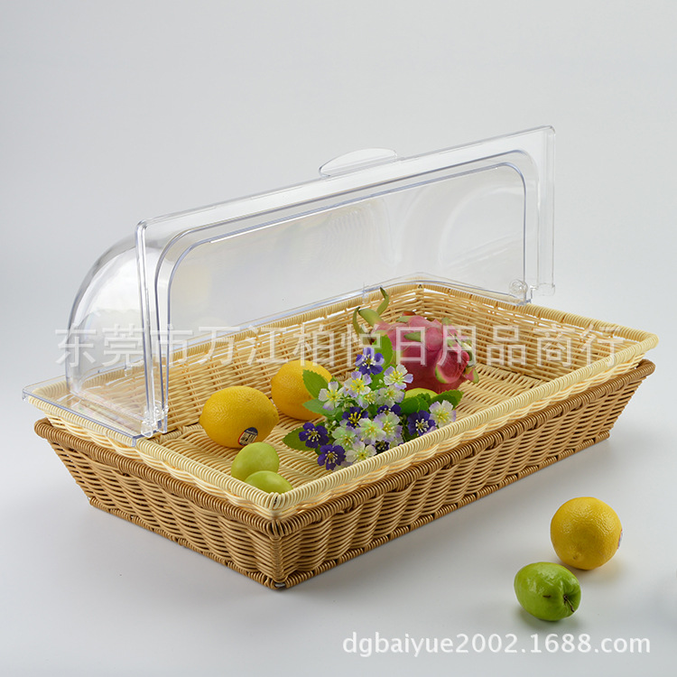 Cesta para pan, cesta para frutas, imitación ratán de plástico con tapa, cesta para exhibir alimentos, bandeja de ratán con tapa, transparente para puestos de venta