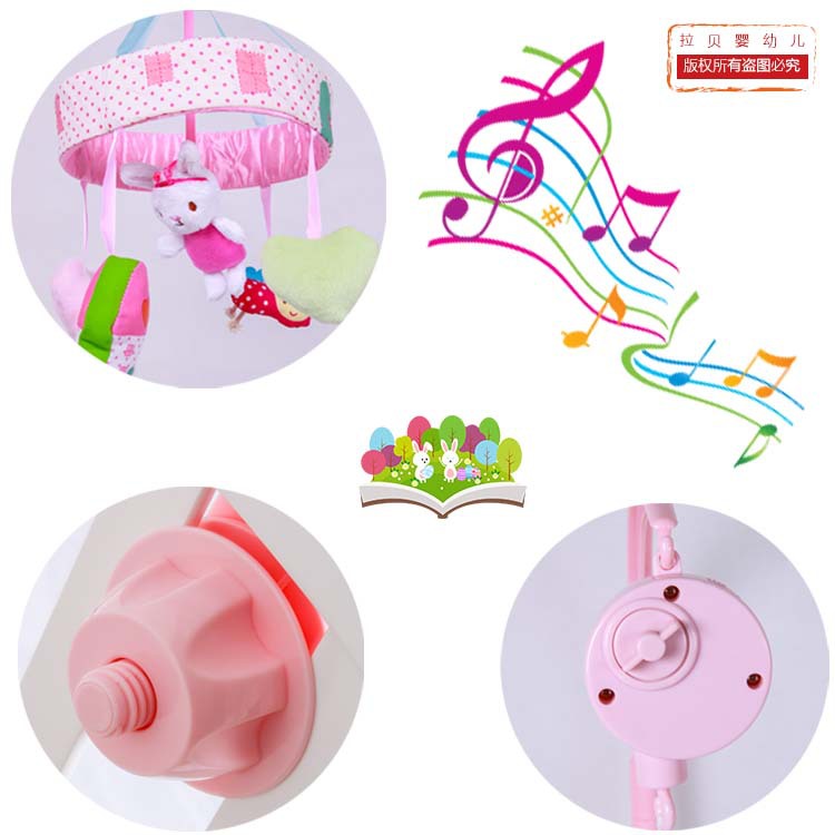 Giratorio Rosa conejo cama campana música giratoria cama colgante con tela de felpa bebé sonajero fábrica al por mayor