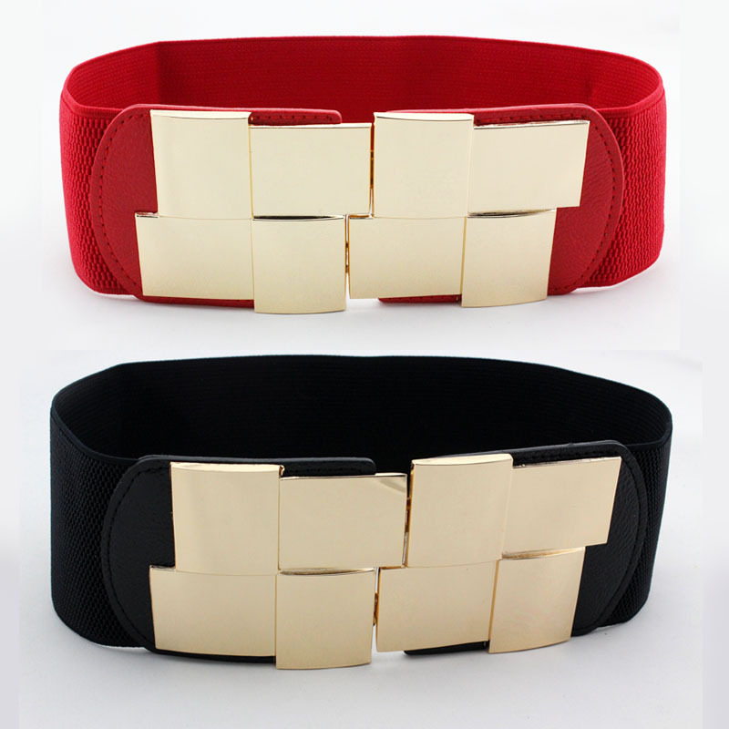 Women Geometric Metal Buckle Waist Belt Red Black